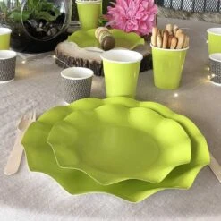 20 Assiettes Pétales 21 Cm Vertes -Vacances Vaisselle Magasin 20 assiettes petale 21cm vertes biodegradables et compostables 1 2