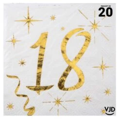 20 Petites Serviettes Blanches Et Or Métallisés 18 Ans 25 X 25 Cm