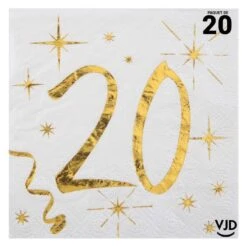 20 Petites Serviettes Blanches Et Or Métallisés 20 Ans 25 X 25 Cm