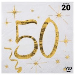 20 Petites Serviettes Blanches Et Or Métallisés 50 Ans 25 X 25 Cm
