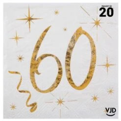 20 Petites Serviettes Blanches Et Or Métallisés 60 Ans 25 X 25 Cm