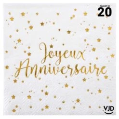 20 Petites Serviettes Joyeux Anniversaire Blanc Et Or 25 X 25 Cm