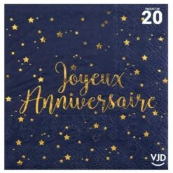 20 Petites Serviettes Joyeux Anniversaire Marine Et Or 25 X 25 Cm
