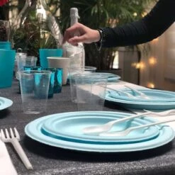 12 Assiettes Rondes Fibres Naturelles Bleues 23 Cm