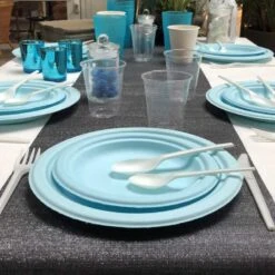 12 Assiettes Rondes Fibres Naturelles Bleues 23 Cm -Vacances Vaisselle Magasin assiette bio bleu macaron 23 cm home compost fibres vegetales par 12 3