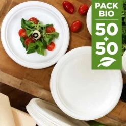 Pack 2 X 50 Assiettes Rondes Fibre Végétale 17-23 Cm 5 Pack 2 X 50 Assiettes Rondes Fibre Végétale 17-23 Cm -Vacances Vaisselle Magasin pack 100 assiettes fibres biodegradables 17 et 23 cm 1