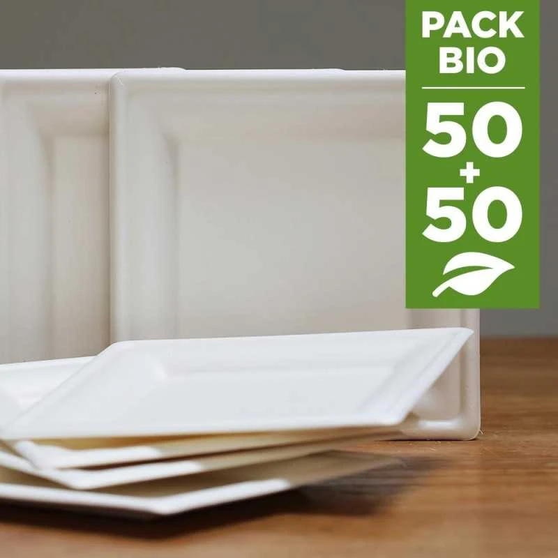 Pack 2 X 50 Assiettes Fibre Nature Carrées 16 Et 20 Cm 4 Pack 2 X 50 Assiettes Fibre Nature Carrées 16 Et 20 Cm – Image 2