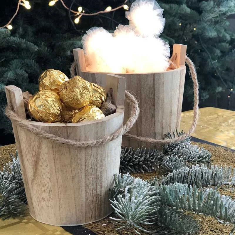 Pack 2 Seaux Bois Naturels + 2 Photophores étoiles Argent 5 Pack 2 Seaux Bois Naturels + 2 Photophores étoiles Argent – Image 3