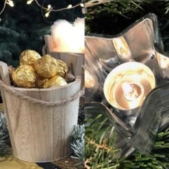 Pack 2 Seaux Bois Naturels + 2 Photophores étoiles Argent