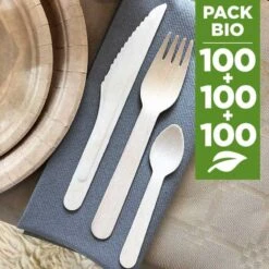 Pack 3 X 100 Couverts Bois Cuillère Fourchette Couteau