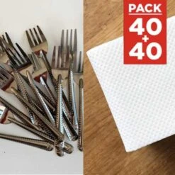 Pack 40 Mini-fourchettes Inox + 40 Mini-serviettes Bio Blanches 20 Cm