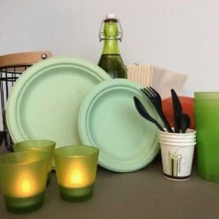 Pack 48 Assiettes Fibres Naturelles Vertes 18 Et 23 Cm 11 Pack 48 Assiettes Fibres Naturelles Vertes 18 Et 23 Cm -Vacances Vaisselle Magasin pack 48 assiettes fibre bio macaron vert 1 4