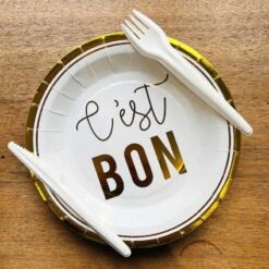 Pack 50 X 3 Assiettes Fourchettes Couteaux Carton -Vacances Vaisselle Magasin pack 50 assiettes blanches et or c est bon 22 cm 4