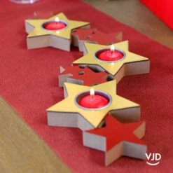 Porte Bougies Bois En Ruban D'étoiles Or-rouge